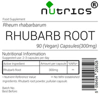 Nutrics® Rhubarb Root 300mg - Supplement - Suitable for Vegan Vegetarian Halal & Kosher Diet - Pure Rheum rhabarbarum – 100% Pure - 180 Vegan Capsules (2 Month Supply) (180)