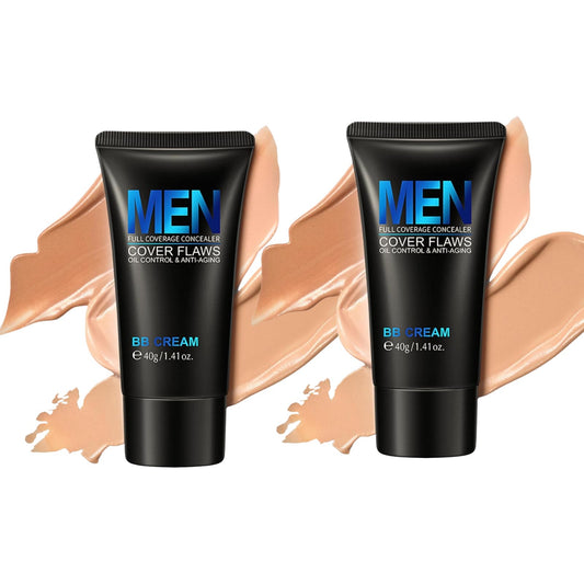 2PCS Mens BB Cream Foundation, BB Cream Light, Concealer For Mature Skin, Make-Up, Anti Aging, Anti Redness For Face