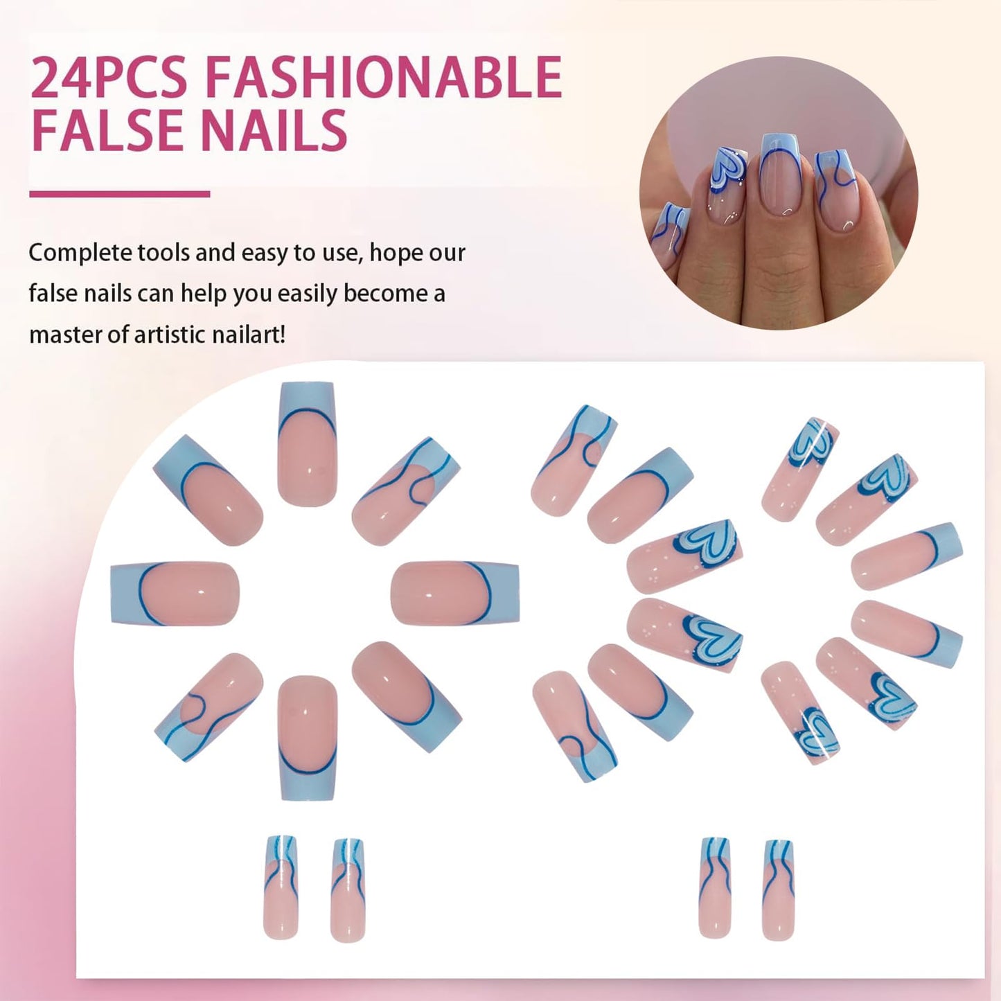Mikloven 24PCS Blue Geometric French Tip Press-On Nails With Jelly Glue & Applicator Tool - Short Square Reusable Acrylic False Nail Kit For Women - Eco-Friendly Durable Multi-Size Manicure Set