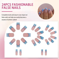 Mikloven 24PCS Blue Geometric French Tip Press-On Nails With Jelly Glue & Applicator Tool - Short Square Reusable Acrylic False Nail Kit For Women - Eco-Friendly Durable Multi-Size Manicure Set