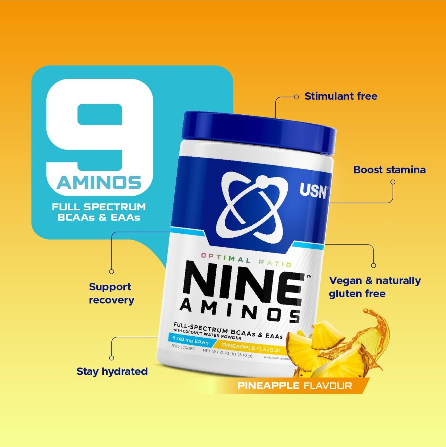 USN Nine Aminos – BCAA Amino Acids & EAA Essential Amino Acids Powder with Added Magnesium & Coconut Water Powder to Support Recovery and Hydration. Pineapple Flavour (330g – 30 Servings)
