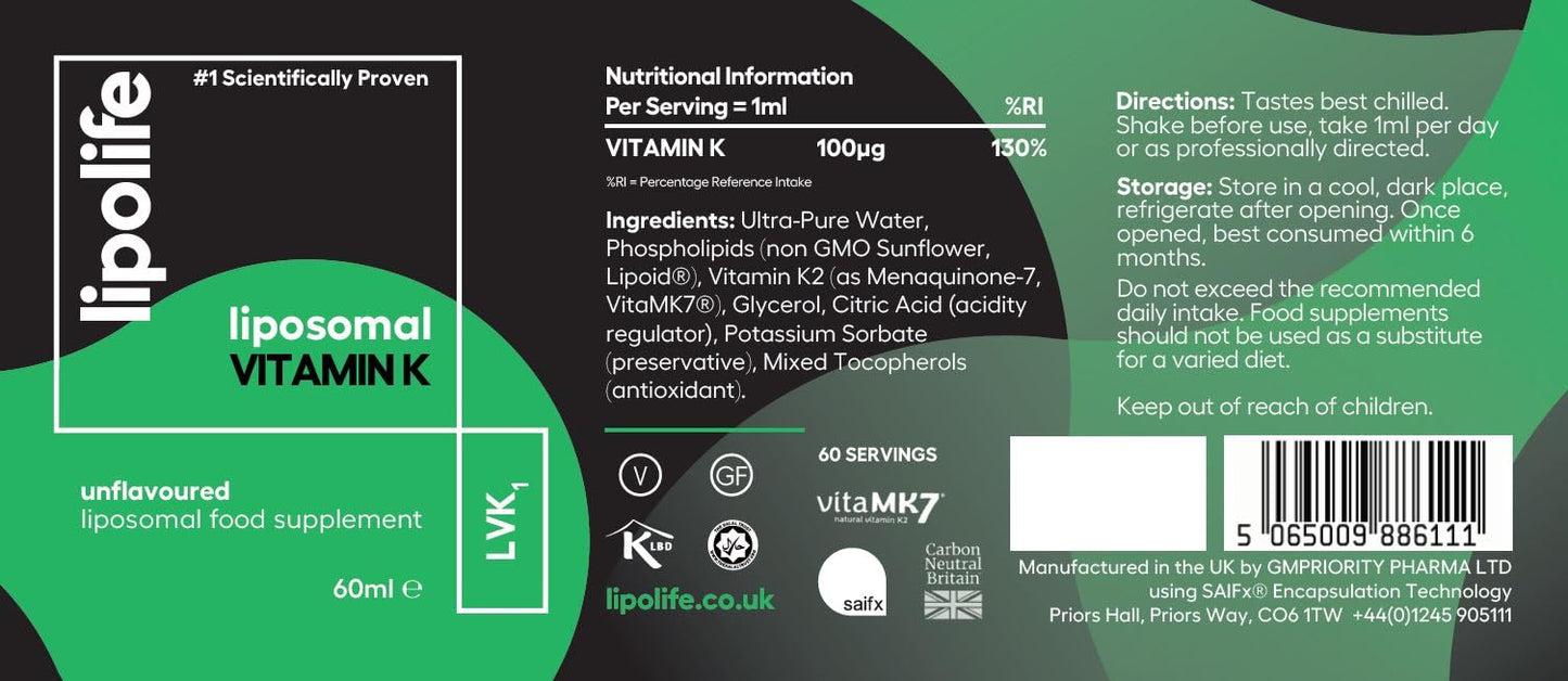 Liposomal Vitamin K2 (MK-7: Menaquinone 7, a Form of K2) LVK1 Vegan Friendly, Unflavoured and Unsweetened 60 Servings |Supports Cardiovascular and Bone Health, by Lipolife