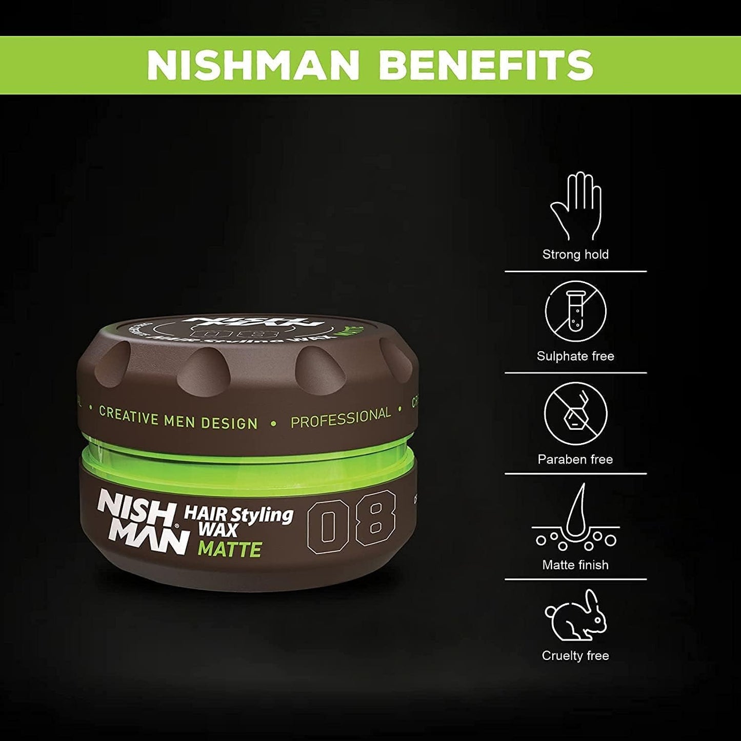 nishman NISHMAN Hair Styling Wax for Men 08 - Matte 150g - Vanilla Scent - Natural Matte Look - Strong Hold - Hair Clay Aqua Wax- Long-Lasting Control and Definition (Pack of 3)
