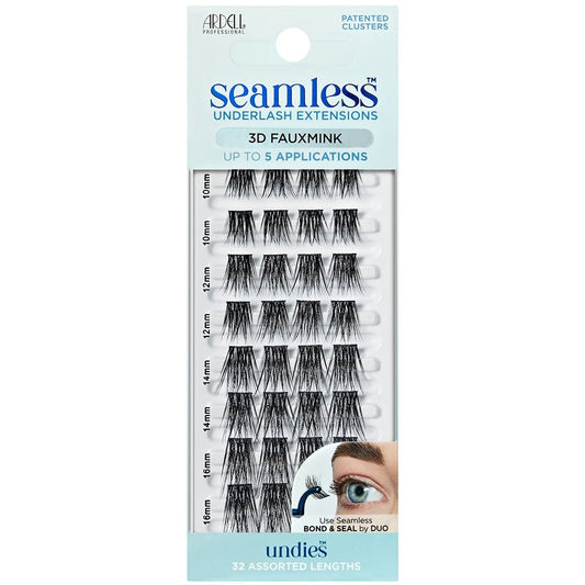 Ardell Seamless Undies Underlash Eyelash Extensions Refill, 3D Faux Mink Lash Cluster Kit, Full Volume & Intense Black Lashes, Up to 5 Applications, Assorted Eyelash Lengths, 32 Knot-Free Clusters