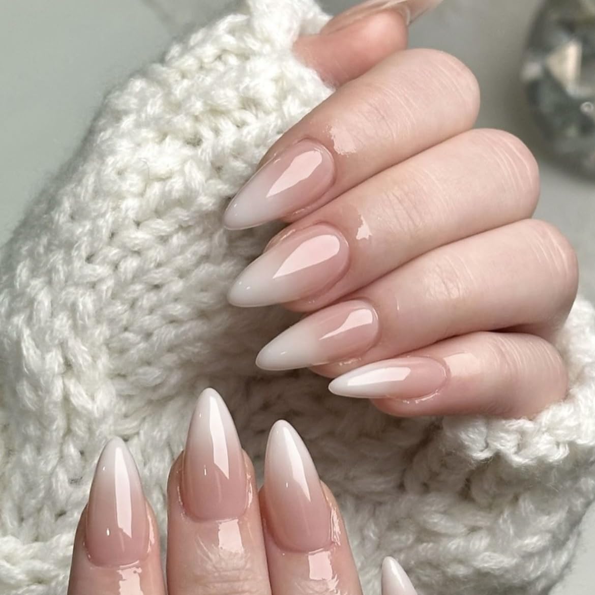 KQueenest Ombre Press on Nails Almond, French Tip False Nails Medium Stiletto, Gradient Nude Pink Fake Nails Press ons, Perfectly Fit, Reusable Gel Stick on Nail for Women Daily Wear, 24 Pcs