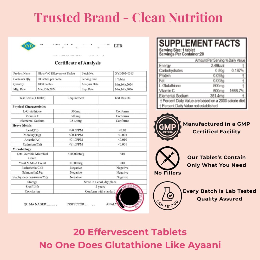 Ayaani Glow Glutathione & Vitamin C Effervescent Tablets - 500mg Each, Sugar-Free Antioxidant Drink for Skin Brightening & Glowing Skin, Strawberry Flavour, 20 Vegan Tablets