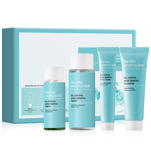 OKAQEE Tea Tree Acne Skin Care Sets & Kits - Salicylic Acid Acne Removal Skincare Set - Teen Skincare Gift Set With Cleanser, Toner, Serum, Cream - Complete Acne Treatment Kit for Oily, Acne-Prone Skin