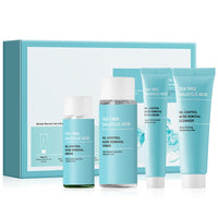 OKAQEE Tea Tree Acne Skin Care Sets & Kits - Salicylic Acid Acne Removal Skincare Set - Teen Skincare Gift Set With Cleanser, Toner, Serum, Cream - Complete Acne Treatment Kit for Oily, Acne-Prone Skin