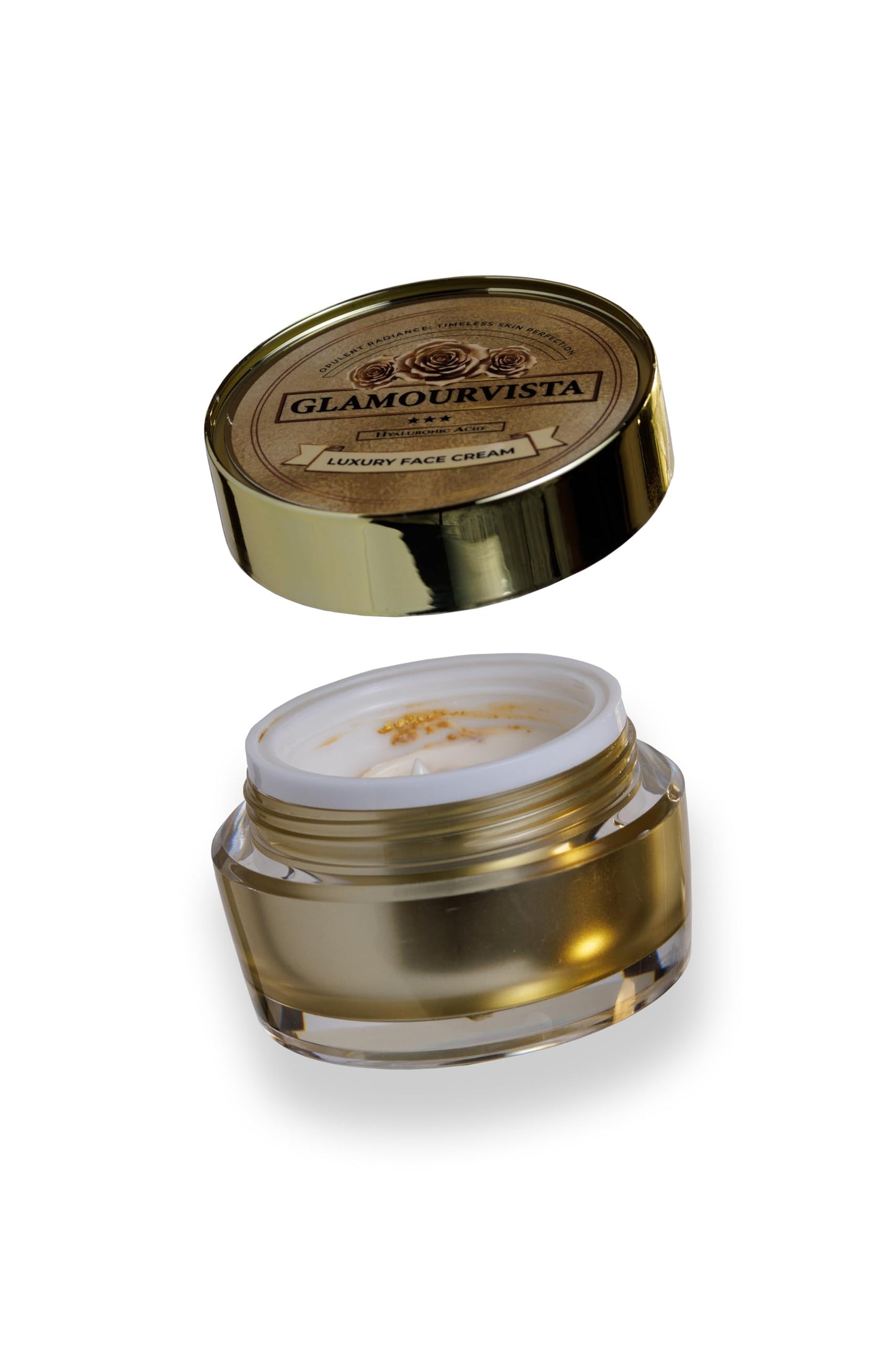 Luxury anti-ageing face cream with 24k gold flakes and hyaluronic acid and collagen. Proud UK manufacturer UKCP-72916130.