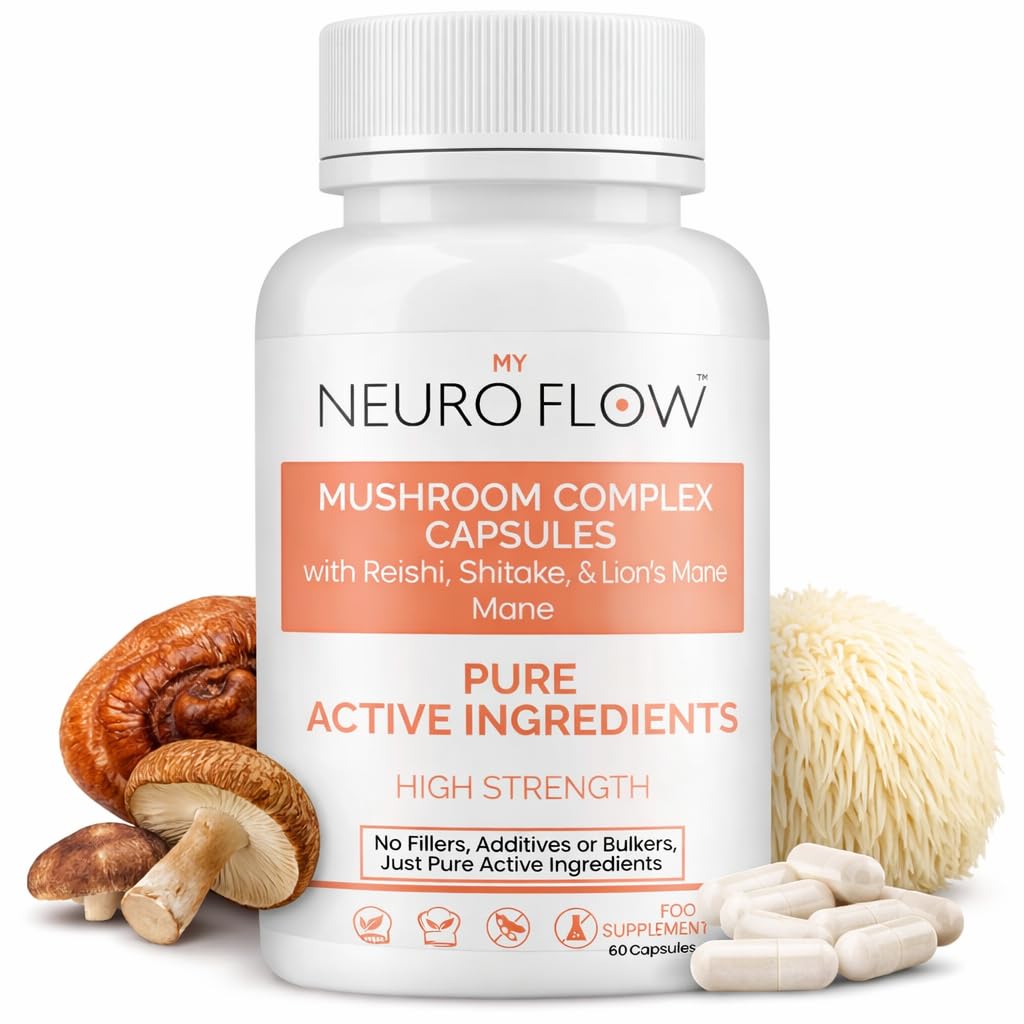 Neuro Flow | Multi Mushroom Supplement | Mushroom Complex | Mushroom Capsules with reishi Mushroom, Lions Mane Mushroom, Chaga Mushroom & cordyceps Capsules | 60 Mushroom Complex Capsules