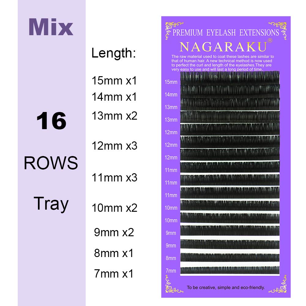 NAGARAKU 5 Trays Eyelash Extensions 0.03mm D 9/10/11/12/13mm in 1 pack Classic Individual Lashes Soft Natural Professional Faux Mink 16 rows