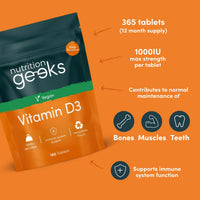 Nutrition Geeks Vegan Vitamin D 1000iu Tablets - 180 Easy-Swallow Plant-Based Algae Vitamin D Tablets, 6 Month Supply - VIT D3 High Strength Immune Support - Highest Grade Certified UK Made Vegan Vitamin D3 1000iu