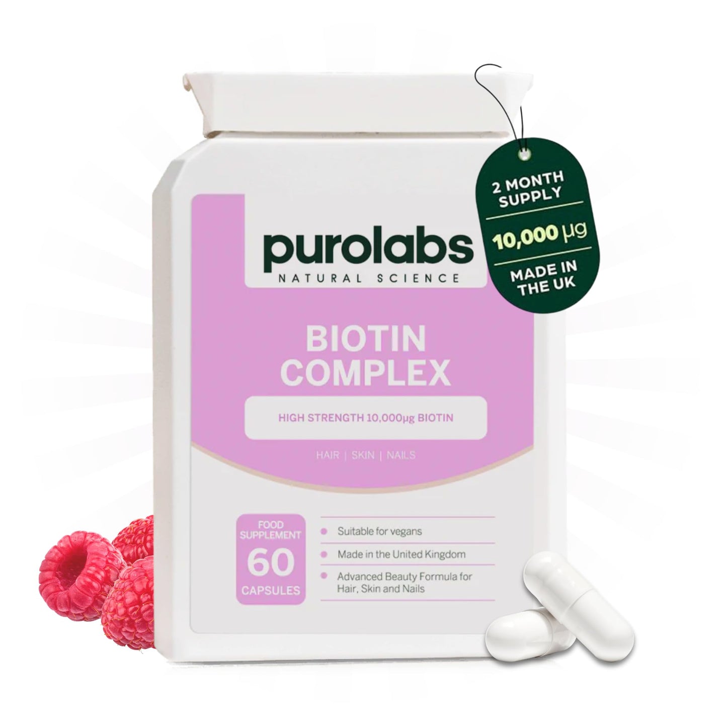 Purolabs Biotin Hair Growth Supplement 10,000μg - Hair Vitamins for Men & Women - Vitamin B7 Tablets for Skin & Nails with Zinc & Selenium - 60 Vegan Capsules - Made in The UK by Purolabs