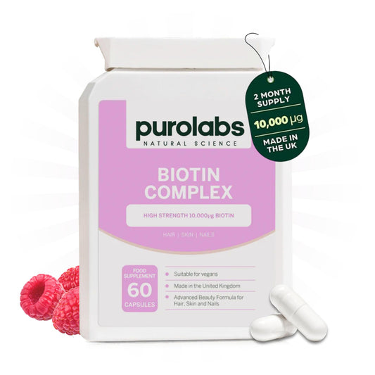 Purolabs Biotin Hair Growth Supplement 10,000μg - Hair Vitamins for Men & Women - Vitamin B7 Tablets for Skin & Nails with Zinc & Selenium - 60 Vegan Capsules - Made in The UK by Purolabs