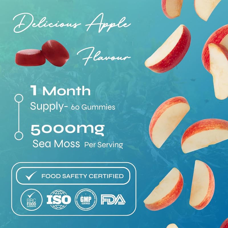 Known Tasty Sea Moss Gummies - 5000mg Sea Moss, Vitamin C, Iodine - Supports Immunity - Natural Apple Flavour - 60 Vegan Gummies, 1 Month Supply