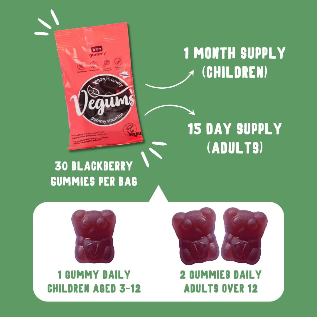 Vegums Iron Gummies | Vegan Friendly Gummy Vitamins | 30 BlackBerry Flavoured Chewable Iron Supplements for All The Family | Suitable for Vegans and Vegetarians