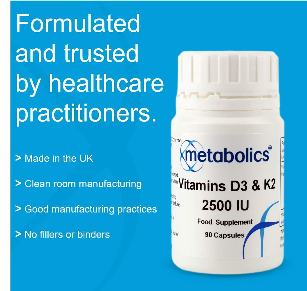Metabolics Vitamin D3 and K2 2500 IU | Vegetarian Vitamin D Supplement | High Quality Vitamin D and K2, Increased Vitamin D Absorption, In Vegetable Capsules- Manufactured In The UK, Supports Healthy Bones, Teeth and Cell Division- No Caking Agents