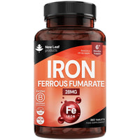 NEW LEAF PRODUCTS Gentle Iron Tablets 28mg High Strength Ferrous Fumarate Iron - Vegan Iron Supplements for Men and Womens Health - Reduction in Tiredness and Fatigue, Supports Immune, Health and Energy