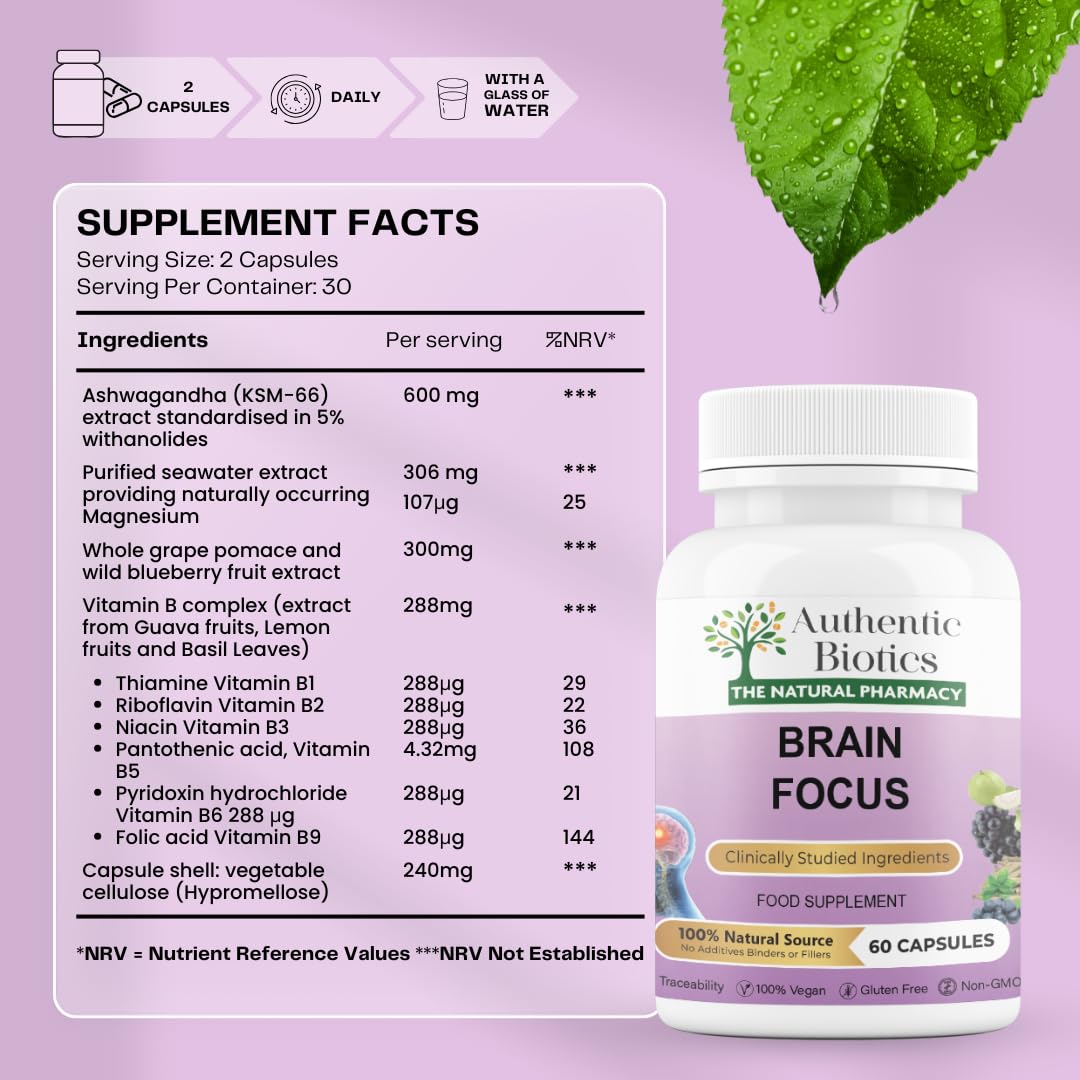 Authentic Biotics Brain Focus Supplement with Ashwagandha KSM-66 – Nootropic with B Complex & Magnesium – Energy, Memory, Focus & Mental Clarity – Vegan Cognitive Support – 3x60 Capsules Pack