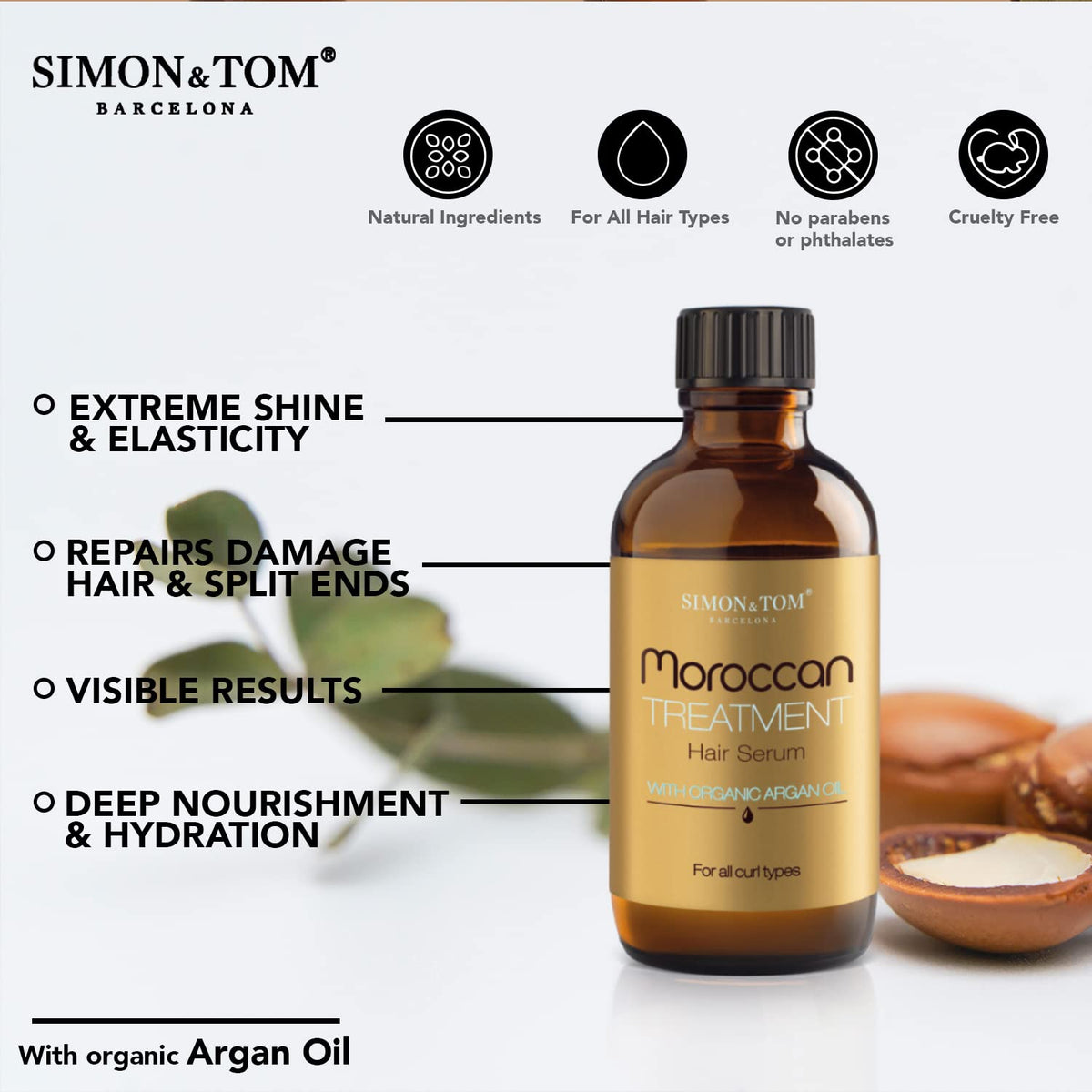 Simon & Tom Simon&Tom Moroccan Treatment Oil - Pure Organic Argan Hair Oil - Hair Oil For Dry and Damaged Hair - Frizz Free Serum - Intense Shine - Thermal Protector /100 ml - Made in Spain