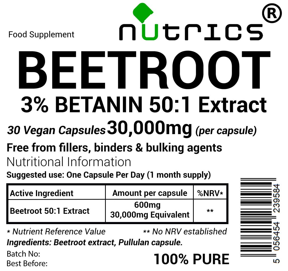 Nutrics® 30,000mg (per Capsule) 3% BETANIN Beetroot Extract 30 V Capsules (1 Month Supply) - Beta Vulgaris - Free from fillers Binders & Bulking Agents Nitric Oxide