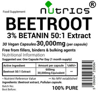 Nutrics® 30,000mg (per Capsule) 3% BETANIN Beetroot Extract 30 V Capsules (1 Month Supply) - Beta Vulgaris - Free from fillers Binders & Bulking Agents Nitric Oxide