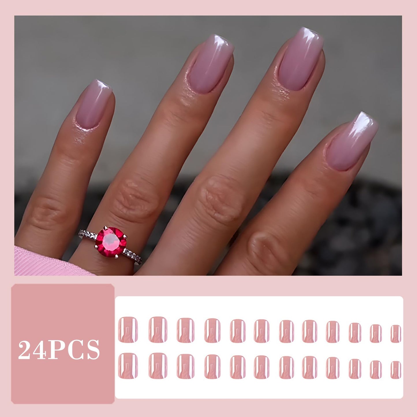 BoloShine 24 Pcs Short Square Rose Pink Glossy Full Cover Acrylic False Nails, 12 Sizes, French, Gradient, Glitter, Kit Includes 24 Nails, 24 Glue Stickers, Nail File, Manicure Stick