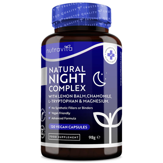 Natural Night Complex – with Lemon Balm, Chamomile, Magnesium, Vitamin B12 – Natural Alternative to Melatonin –120 Vegan Capsules – 4 Month Supply – Made in UK by Nutravita