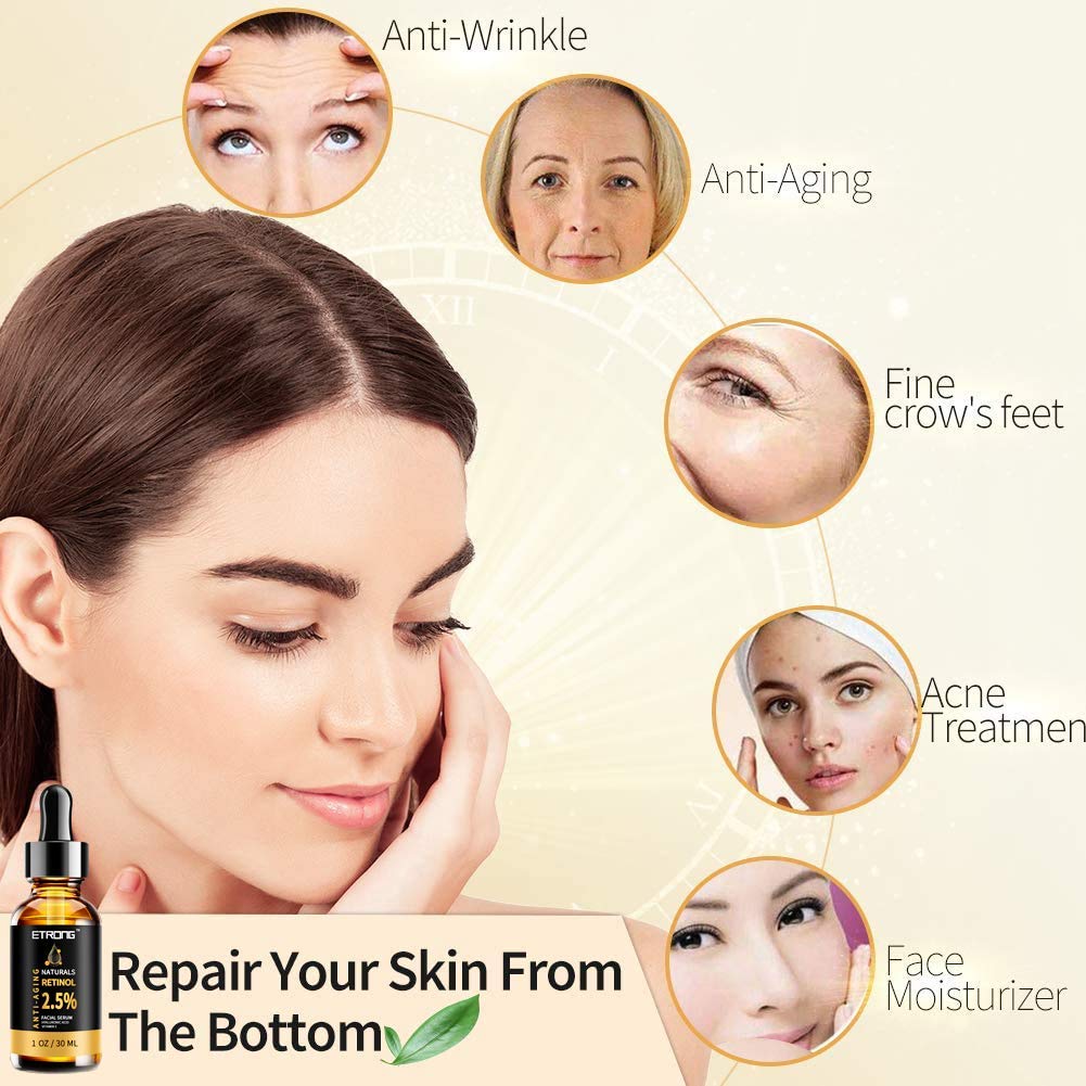 Retinol Serum,ETRONG High Strength Anti-aging Serum with 2.5% Retinol,Hyaluronic Acid and Vitamin E for Face Acne 1 Oz(30ml)