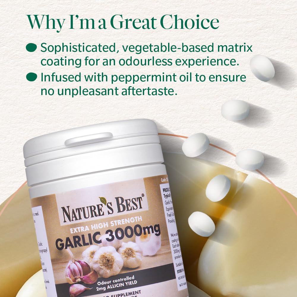 NATURE'S BEST Nature's Best Garlic Tablets 3000mg - High Strength & Rich in Allicin - Taste Controlled & Odthisless - Equivalent to 3000mg of Fresh Garlic - UK Made - 180 Tablets (6 Months' Supply)