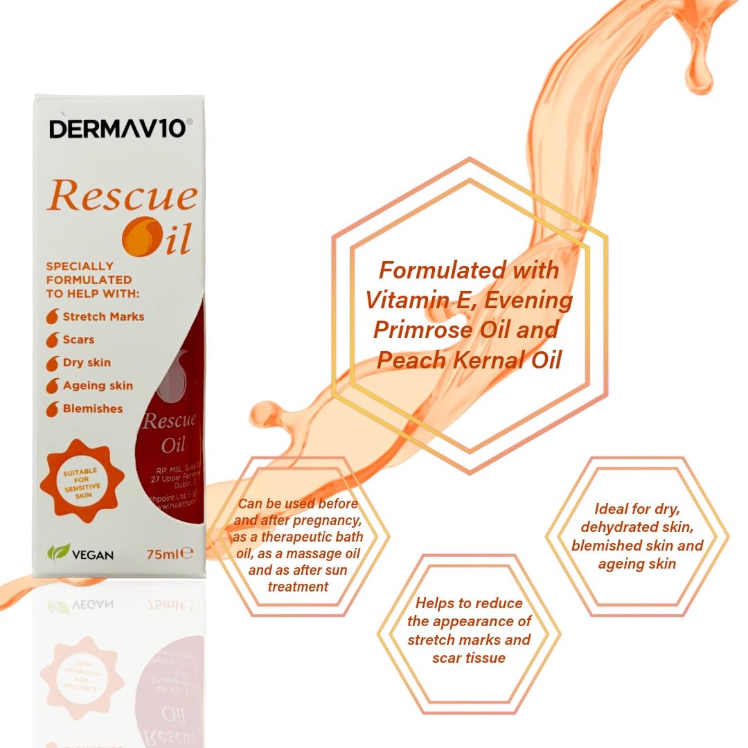 Healthpoint Derma V10 Rescue Oil, Reduce Appearance Of Stretch Marks Scar Tissue, Dry, Dehydrated Skin, After Sun, Ageing, Blemishes, Clinically Tested, Paraben Free, Vegan Friendly, Made In The UK
