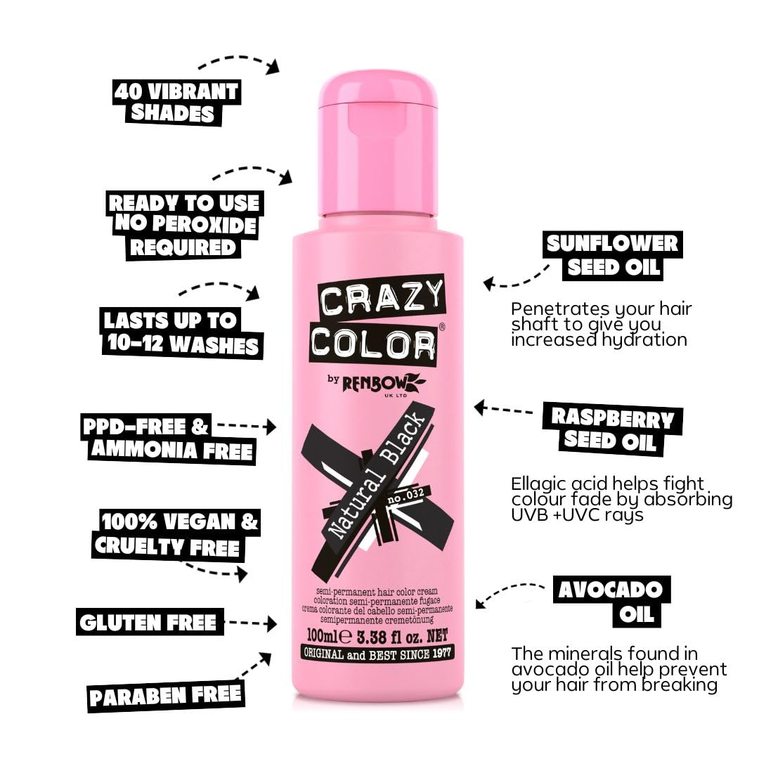 Crazy Color Natural Black Semi-Permanent Duo Hair Dye. Highly Pigmented Brown Black Conditioning & Oil Nourishing Vegan Formula | No Bleach or Ammonia | 200ml