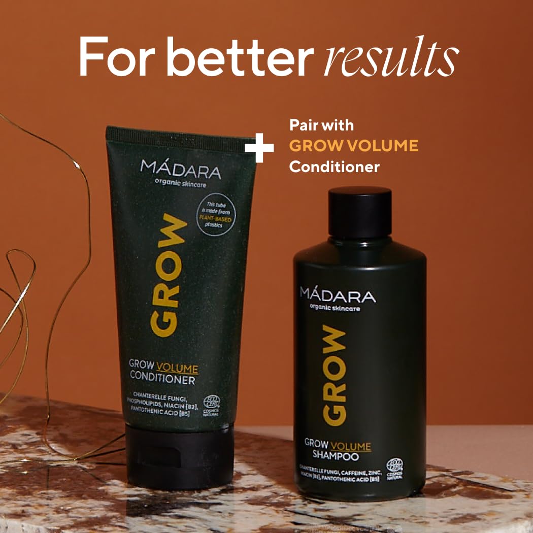 MÁDARA Organic Skincare | Grow Volume Shampoo – 250ml, With caffeine, biotin (B7) and niacin (B3), Fungi-based natural hair growth shampoo for fine, thinning hair, COSMOS natural certified