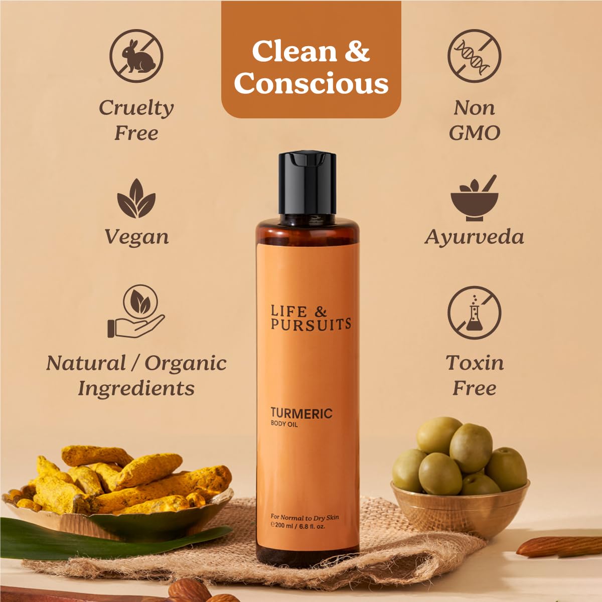 Life & Pursuits Turmeric Body Oil 200 ml - Ayurvedic Natural Body Massage Oil with Vitamin E, Coconut Oil, Almond & Squalane| Reduces Dark Spots, Brightens Skin, Hydrates & Moisturizes Dry Skin