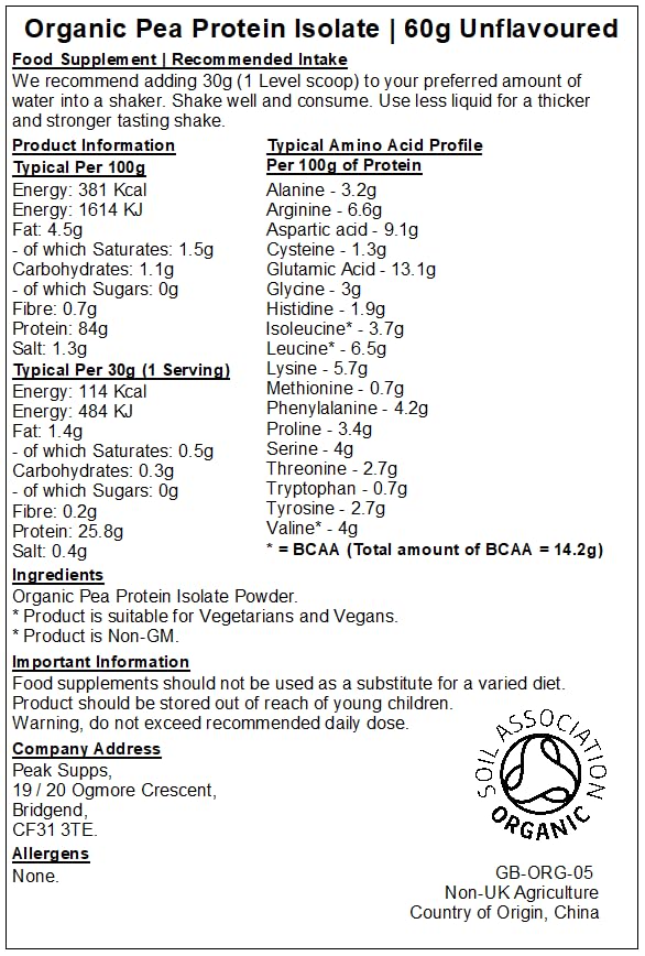 Peak Supps Organic Pea Protein Isolate 60g Sample | Pure No Additives | Vegan
