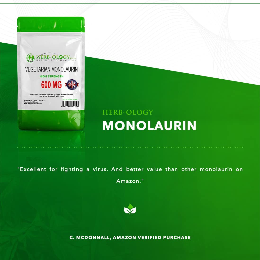 Herb-ology.co.uk Nature's Technology HB Monolaurin | 60 High Strength Monolaurin Capsules - 600mg-Monolaurin per Serving | No Artificial Ingredients or Fillers | Non-GMO, Gluten & Allergen Free | Manufactured in The UK