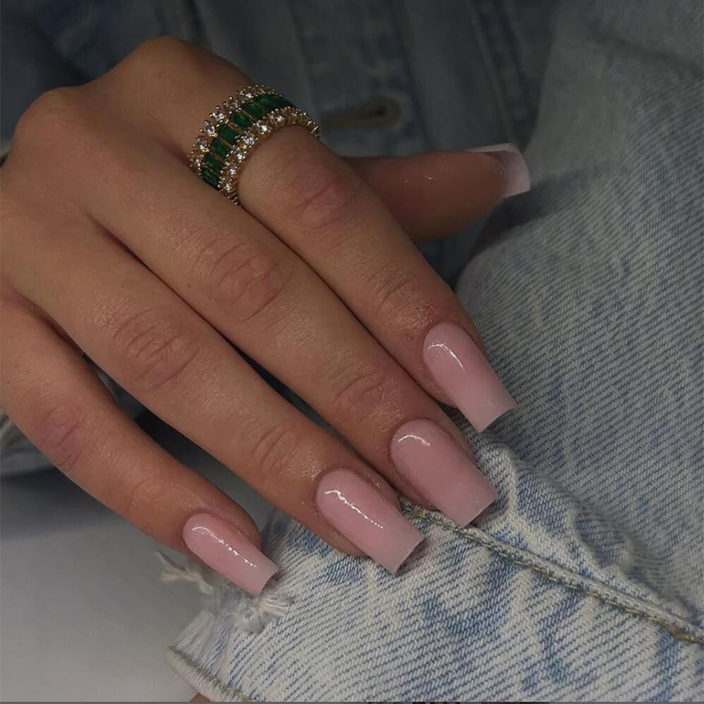 SXVME Pink False Nails Long Square, Acrylic Press on Nails Long Medium Coffin, Glossy Gel Fake Nails Press on, Solid Color Square Tip Nails Stick on Nails For Women Daily Wear, 24 Pcs