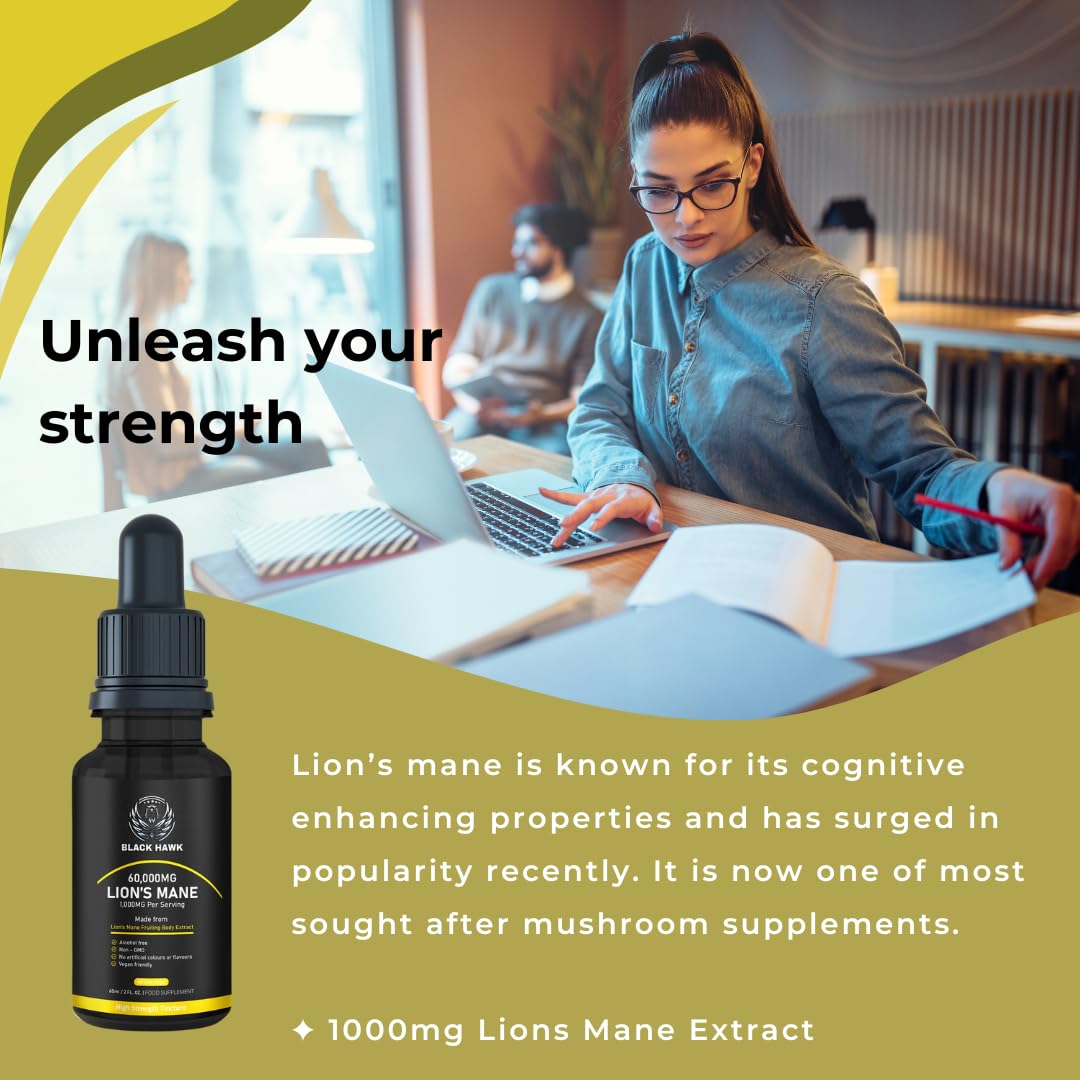 Lions Mane Supplement Liquid 1000mg - 60 Vegan Servings High Strength Lions Mane Mushroom Fruiting Body Extract - 2 Months Supply - Nootropic - Made in The UK by BLACK HAWK