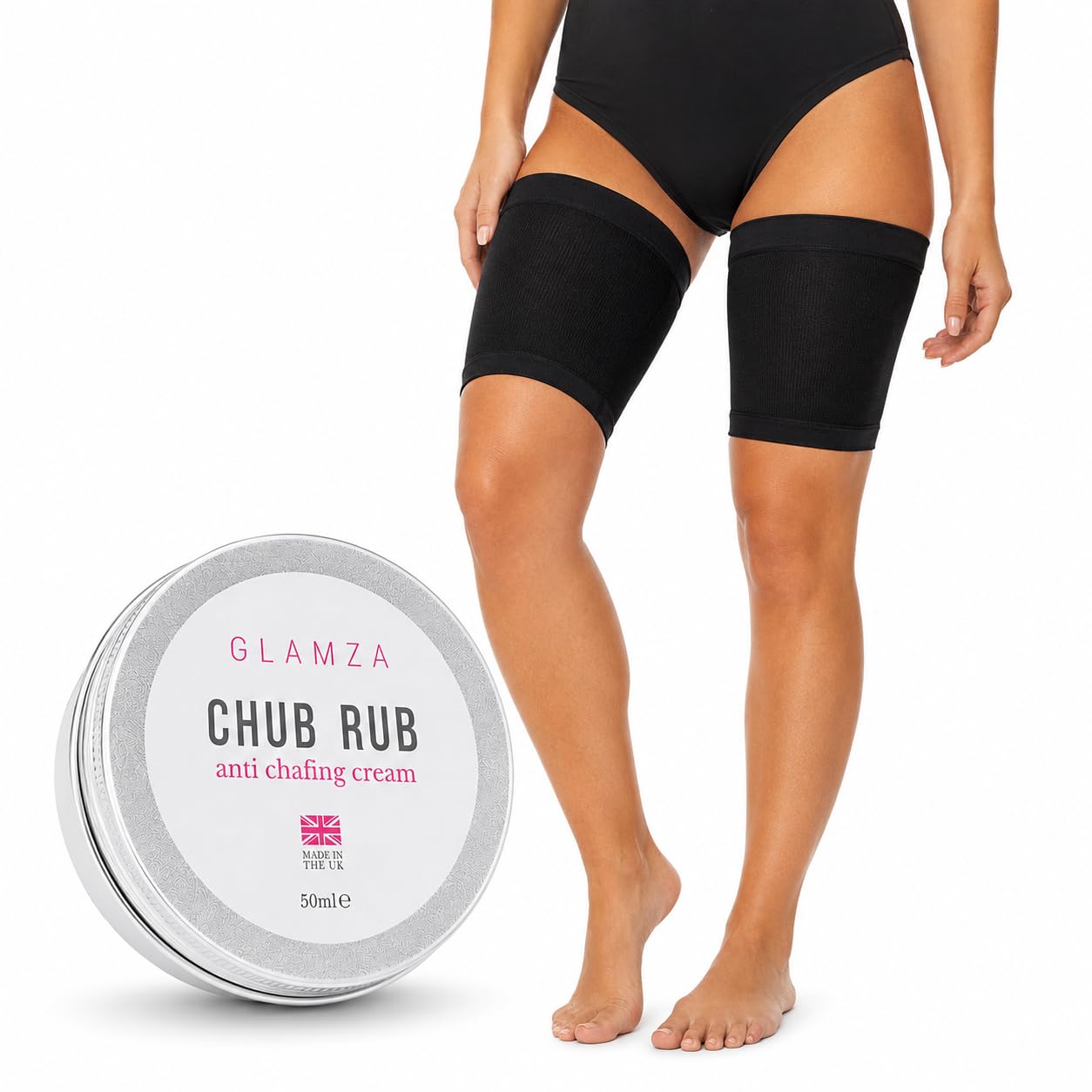 Glamza Chamois Cream GLAMZA ‘Chub Rub’ Anti Chafing Cream & Pair of Thigh Bands for Men & Women - Prevents Chaffing for Cyclists, Runners and More 50ml (Size E (62-70cm))
