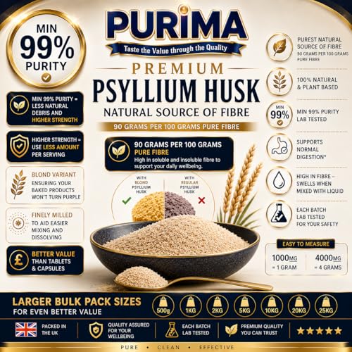 PURIMA Psyllium Husk 500g – 99% Purity Blond Whole Husks Flakes Bulk Soluble Natural Fibre for Baking Drinks Food Humans Eat Gut Laxatives Constipation Relief Digestive Aid Ispaghula Isabgol