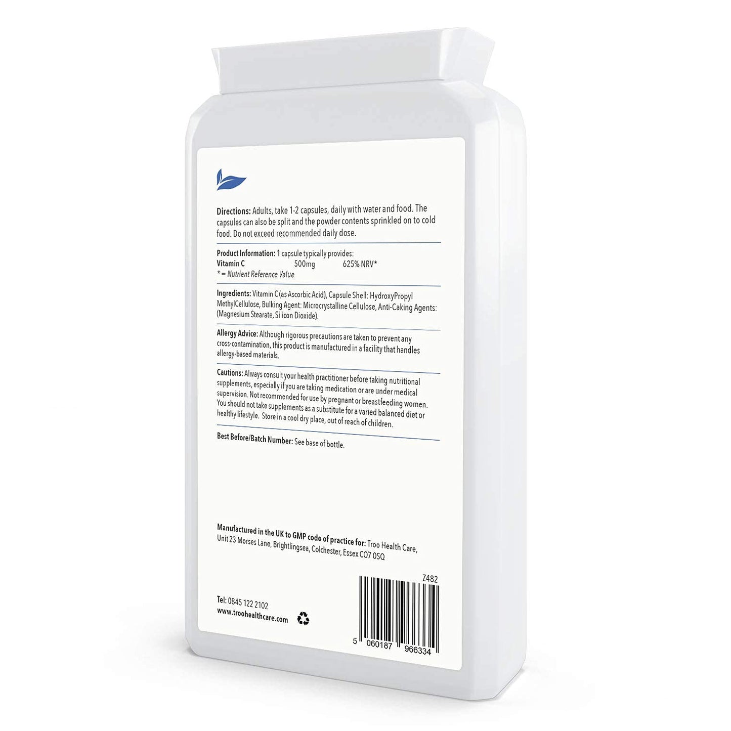 Troo Health Care Vitamin C 500mg Supplement 120 Capsules - High Strength - Easy Swallow - Immune Support Reduces Fatigue