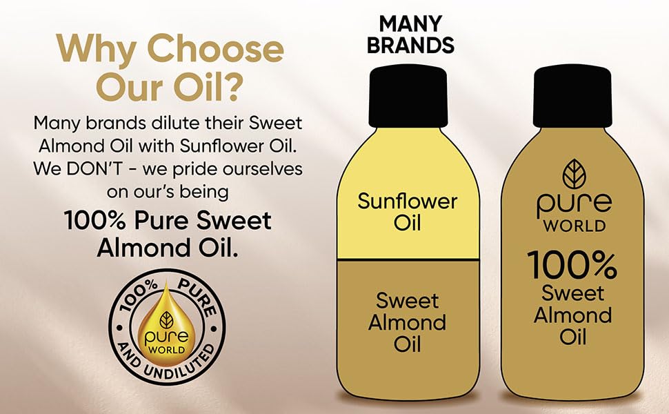 Pure World Natural Sweet Almond Oil 250ML 100% Pure, Undiluted Cold Pressed Premium Quality Almond Oil Freshly Pressed – Massage, Skin, Nails, Body and Face,. Edible Vegan