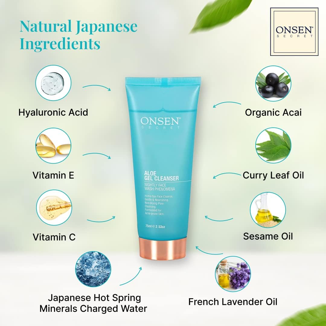 Onsen Japanese Natural Face Wash - Premium Hydrating Aloe Vera Face Wash - Daily Night Travel Facial Cleanser for Makeup Removal and Dry Skin with Added Hyaluronic Acid & Vitamins - 2 Pack 75ml