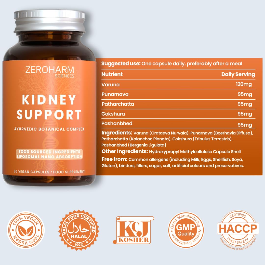 ZEROHARM Kidney Support – Herbal Supplement with Varuna, Punarnava, Gokshura, Patharchatta – Liposomal Absorption – Food Sourced Ingredients for Men & Women – 60 Vegan Capsules