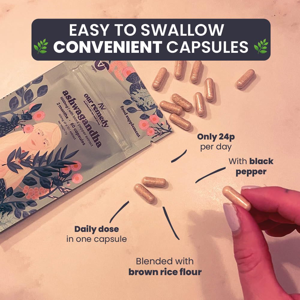 OUR REMEDY we all have our ups and downs Our Remedy Ashwagandha Capsules for Women 1000mg with Black Pepper for Fast & Effective Absorption — Made by Women, for Women! Natural, Vegan & Plastic Free — 60 One-a-Day Tablets