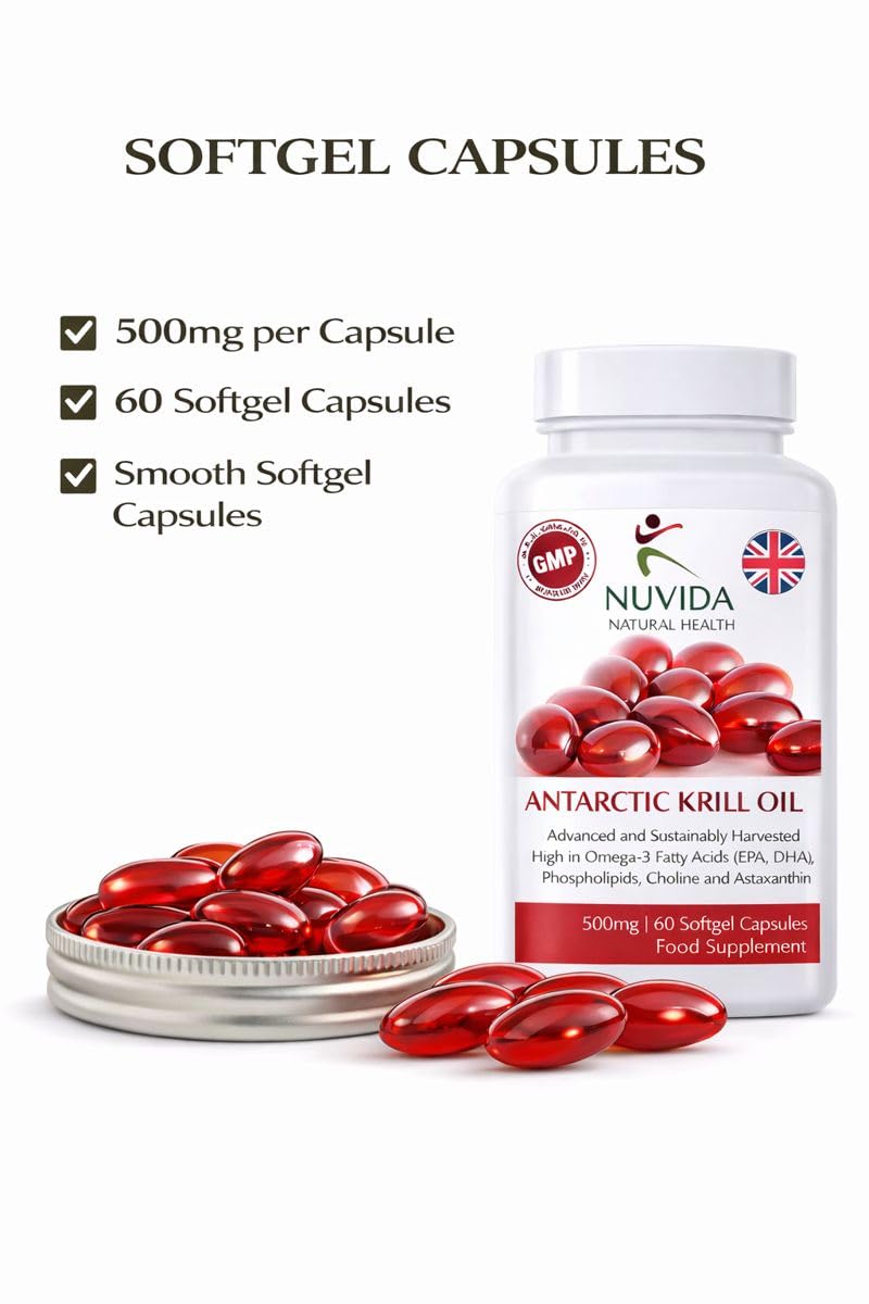 NUVIDA NATURAL HEALTH Krill Oil Capsules 500mg – Omega-3 Supplement with EPA & DHA – 1000mg per Serving – 60 Easy-Swallow Softgels – Sustainably Sourced