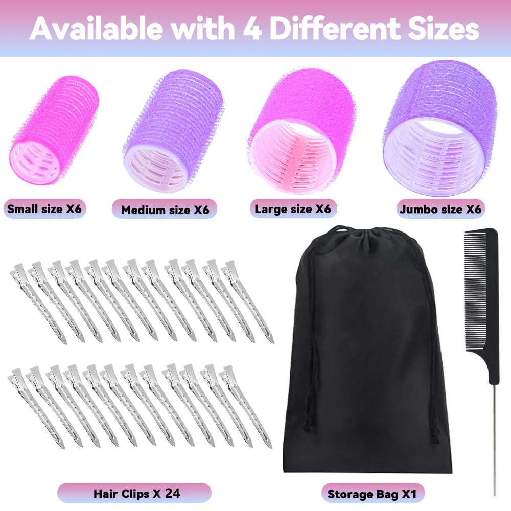 JOLCEEY 50pcs Hair Rollers with Clips, Jumbo Large Medium Small Rollers for Hair Volume Big Hair Curlers Rollers for Long Medium Short Hair DIY Hairdressing (Purple, Rose red)
