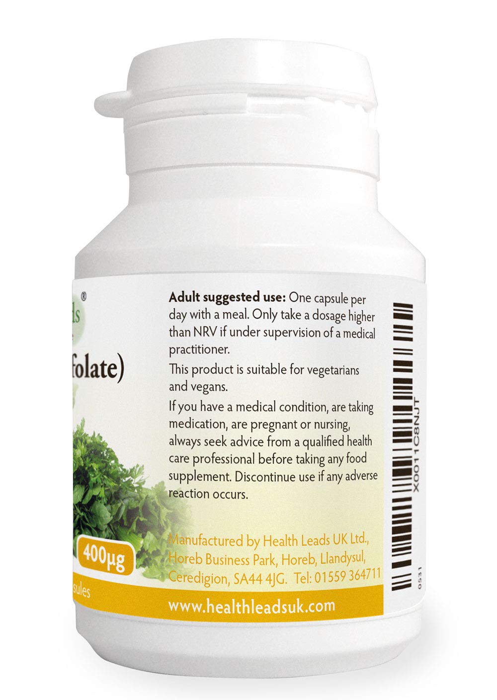 Folate (L-Methylfolate) 400μg x 90 Capsules - 5-MTHF Active Form of Folic Acid/Vitamin B9 - Supports Normal Maternal Tissue Growth During Pregnancy - PRENATAL- Magnesium Stearate Free - Made in Wales