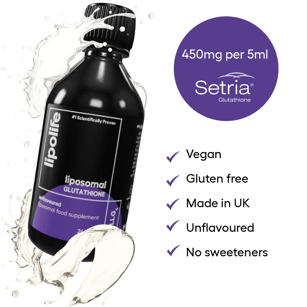 Lipolife Liposomal Glutathione Liquid 240ml - Unflavoured Glutathione Supplement for Detox & Antioxidant Support, High Absorption, Reduced Glutathione, 48 Servings, LLG4