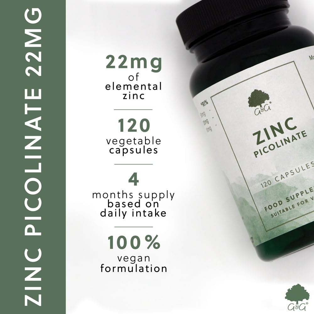 Zinc Picolinate - 22mg Elemental Zinc - 120 Vegan Capsules - Chelated for Improved Absorption - Non-GMO, Made in The UK by G&G Vitamins